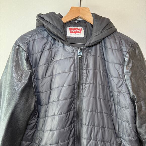 Levi's Men's Faux Leather Sleeves Full Zip Hooded Jacket Black Size Large - Picture 2 of 10